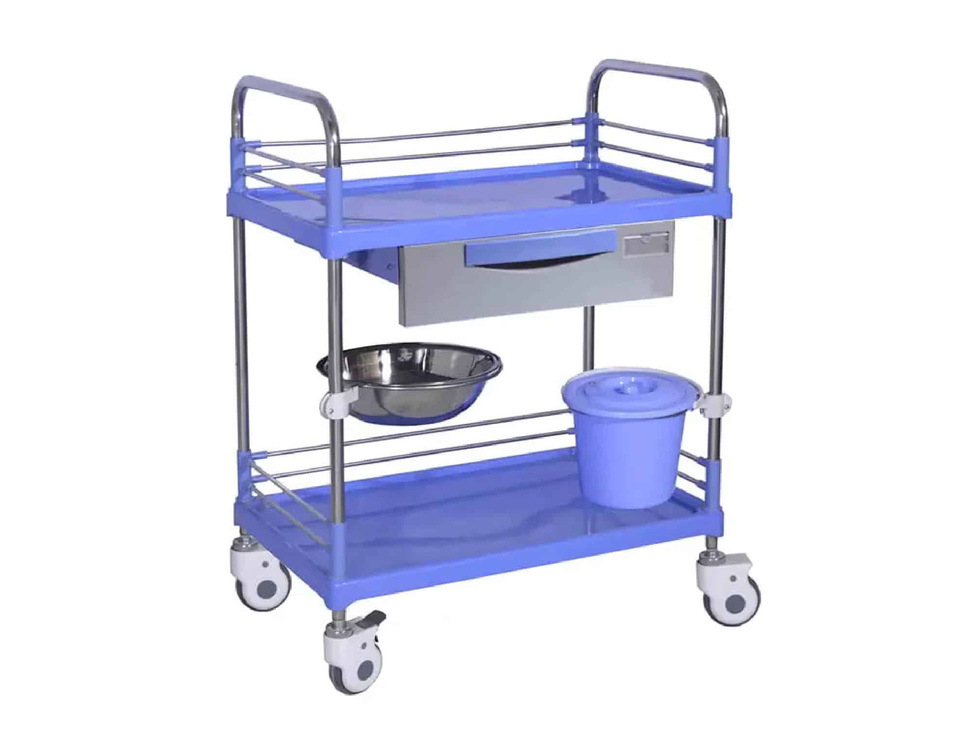 Chariot-à-instrument-en-inox-à-2-plateaux-ABS-tiroir-poubelle-cupule