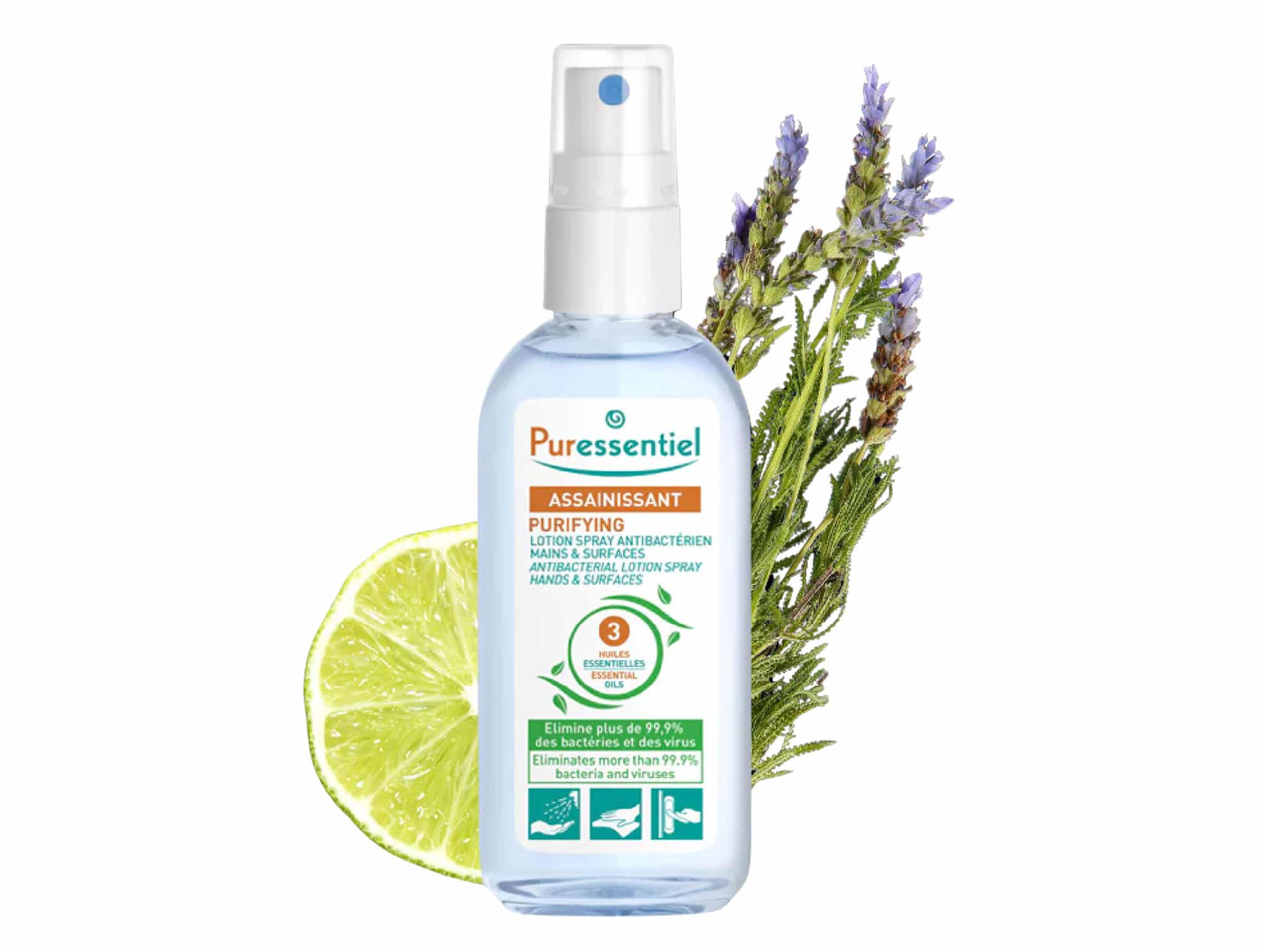 Puressentiel assainissant lotion spray antibactérien mains et surfaces 3 he 80ml