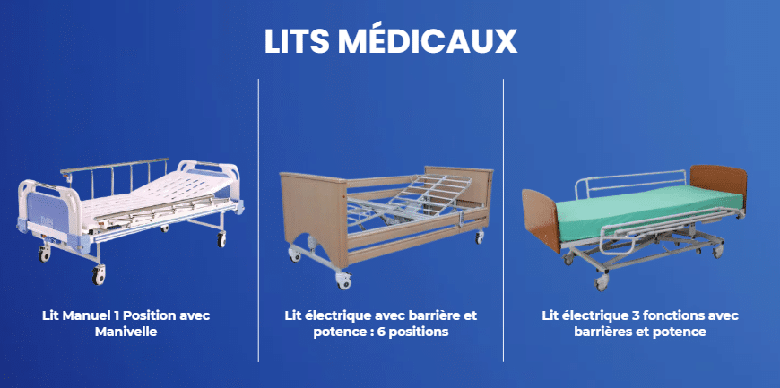 Lits médicaux : Lit manuel 1 position avec manivelle, lit électrique avec barrière et potence à 6 positions, lit électrique 3 fonctions avec barrières et potence