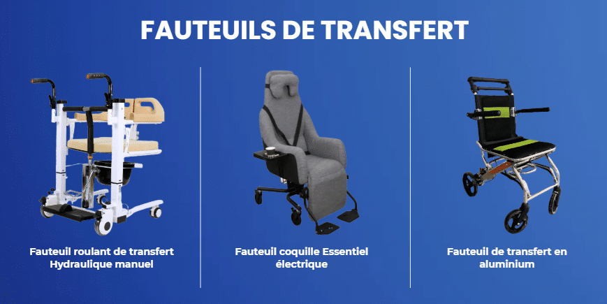 Fauteuils de transfert : Fauteuil roulant de transfert hydraulique manuel, fauteuil coquille Essentiel électrique, fauteuil de transfert en aluminium.