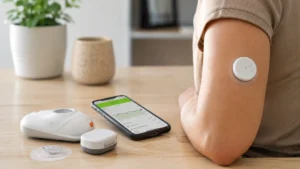 Personne portant un capteur de glycémie en continu (CGM) sur le bras, avec smartphone affichant les données de glucose en temps réel et accessoires du système de surveillance glycémique sur une table. Illustration du suivi continu du diabète à domicile.