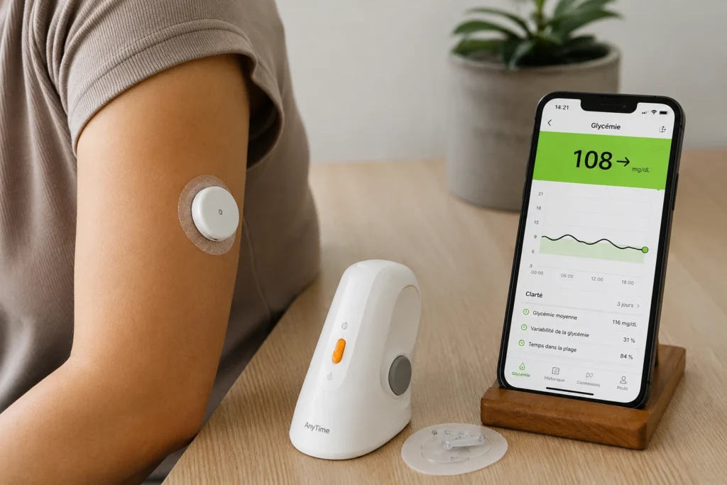 Personne portant un capteur de glycémie CGM AnyTime sur le bras avec affichage des données de glucose en temps réel sur smartphone. Illustration du suivi continu de la glycémie grâce à un système de surveillance connecté.