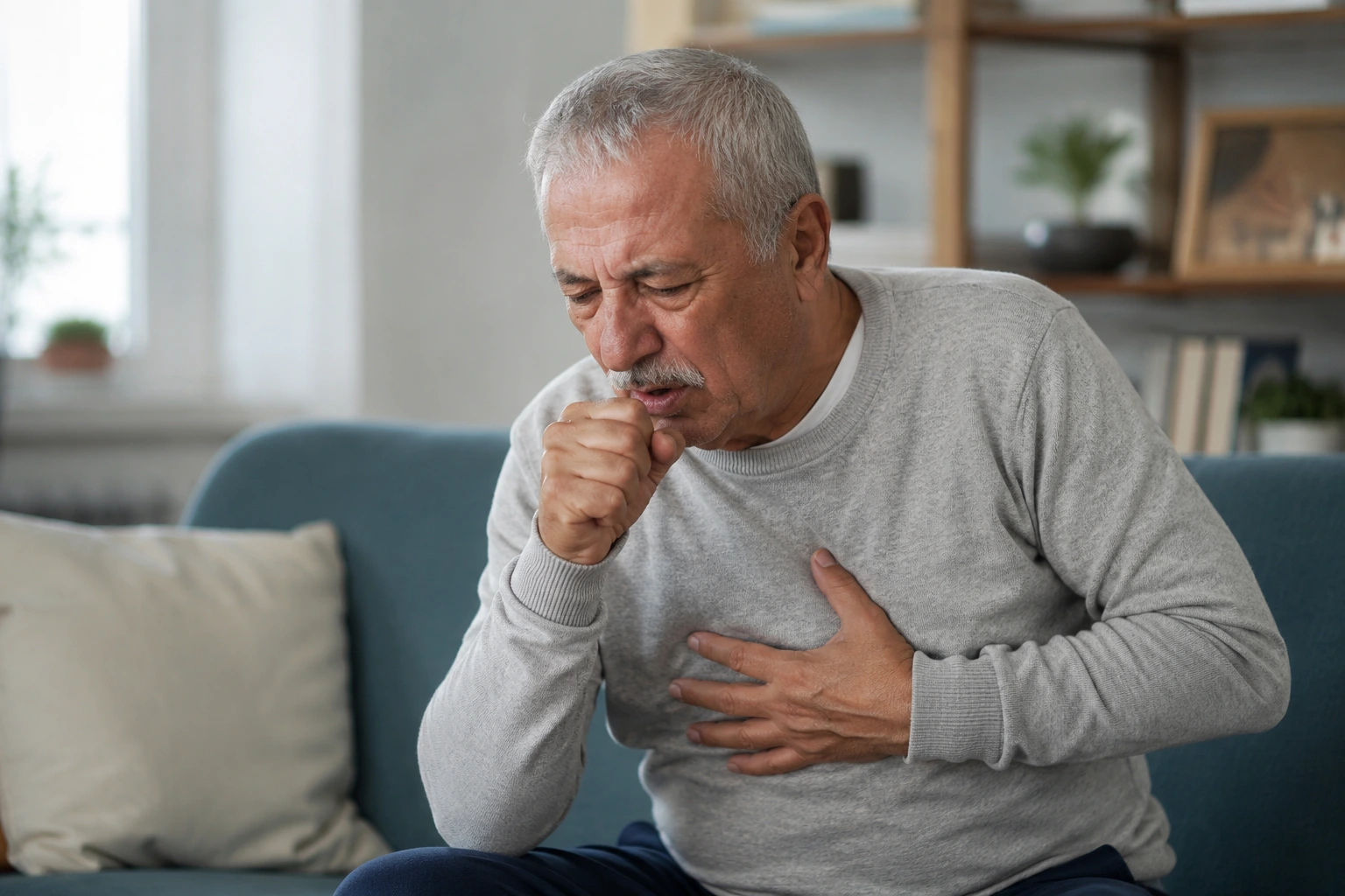 BPCO au Maroc — Guide Locamed 2026 Patient présentant des symptômes de la BPCO au Maroc, avec essoufflement et gêne respiratoire à domicile.